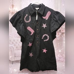 NWT ODDY Size Small Black Romper with Pink Western Accents